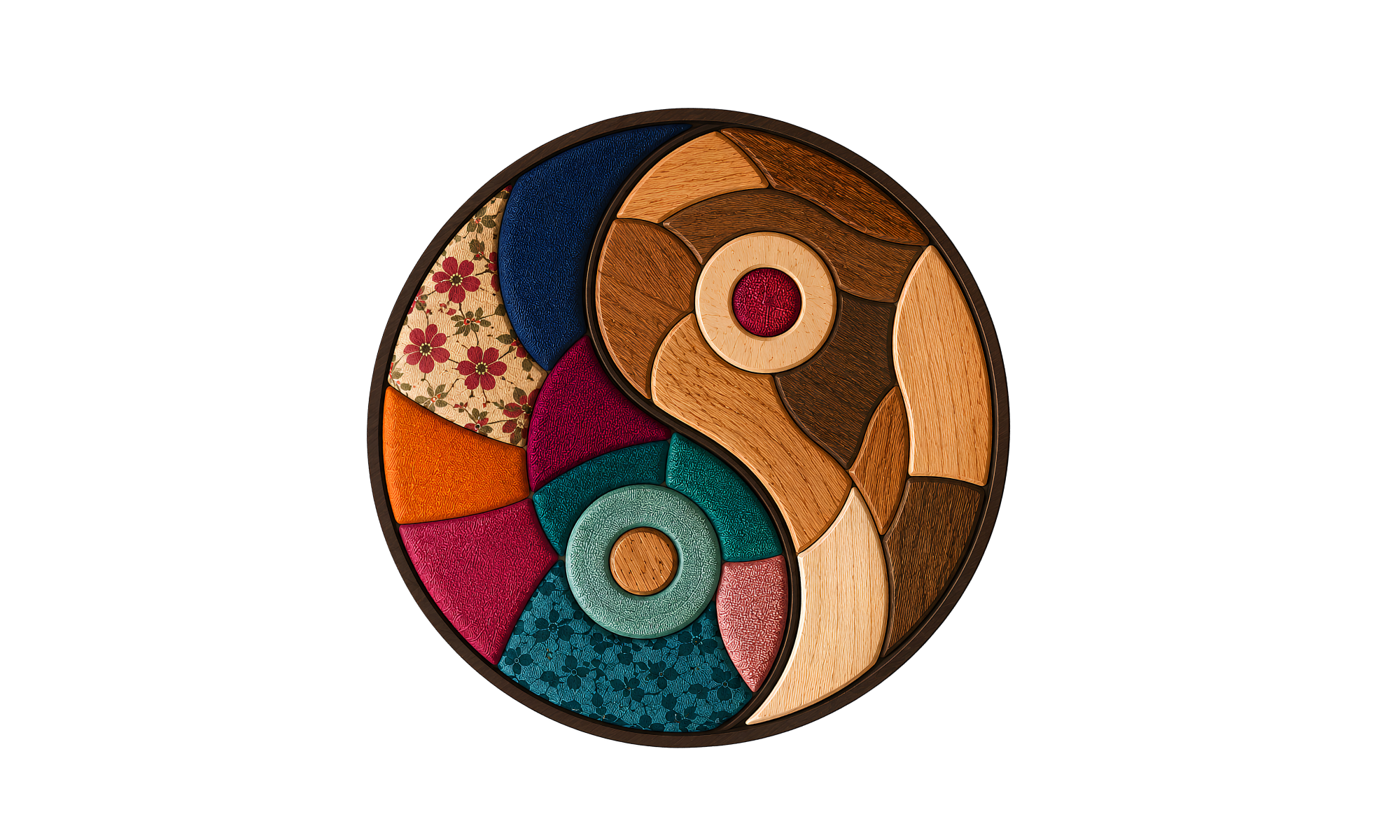 Master Pieces Studio | Wood Intarsia & Kinusaiga Art, NC Logo for Master Pieces Studio, a tin and yang symbol made of fabric kinusaiga on the left and different types of wood on the right